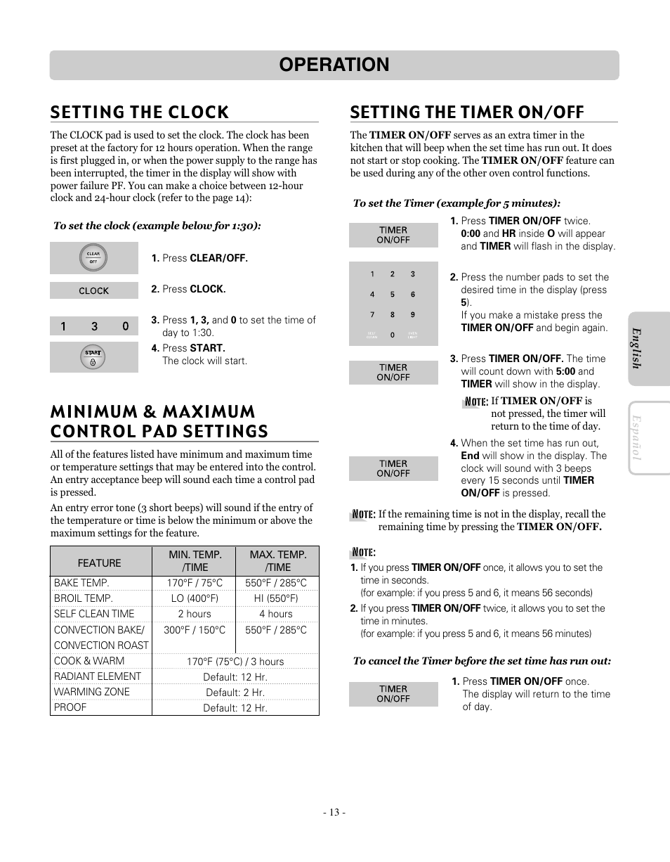 Operation, Setting the clock, Minimum & maximum control pad settings | Setting the timer on/off | LG LRE30451SW User Manual | Page 13 / 70