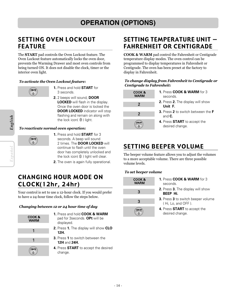 Operation (options), Setting beeper volume | LG LRE30451SW User Manual | Page 14 / 70