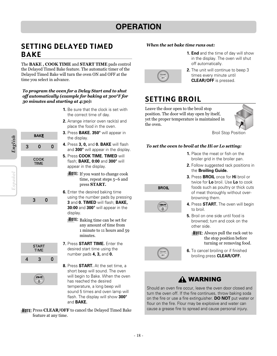 Operation, Setting broil, Warning | LG LRE30451SW User Manual | Page 18 / 70