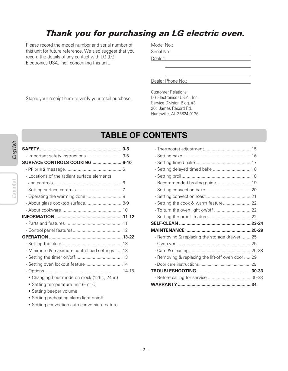 LG LRE30451SW User Manual | Page 2 / 70