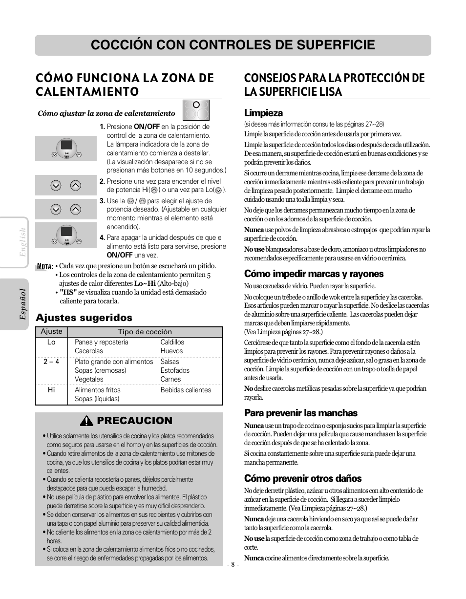 Cocción con controles de superficie, Cómo funciona la zona de calentamiento, Consejos para la protección de la superficie lisa | Limpieza, Cómo impedir marcas y rayones, Para prevenir las manchas, Cómo prevenir otros daños, Precaucion, Ajustes sugeridos | LG LRE30451SW User Manual | Page 44 / 70