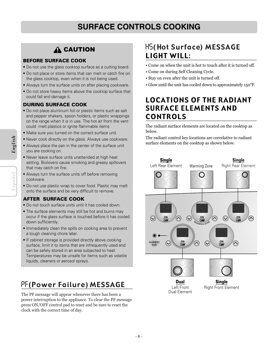 Surface controls cooking, Caution | LG LRE30451SW User Manual | Page 6 / 70