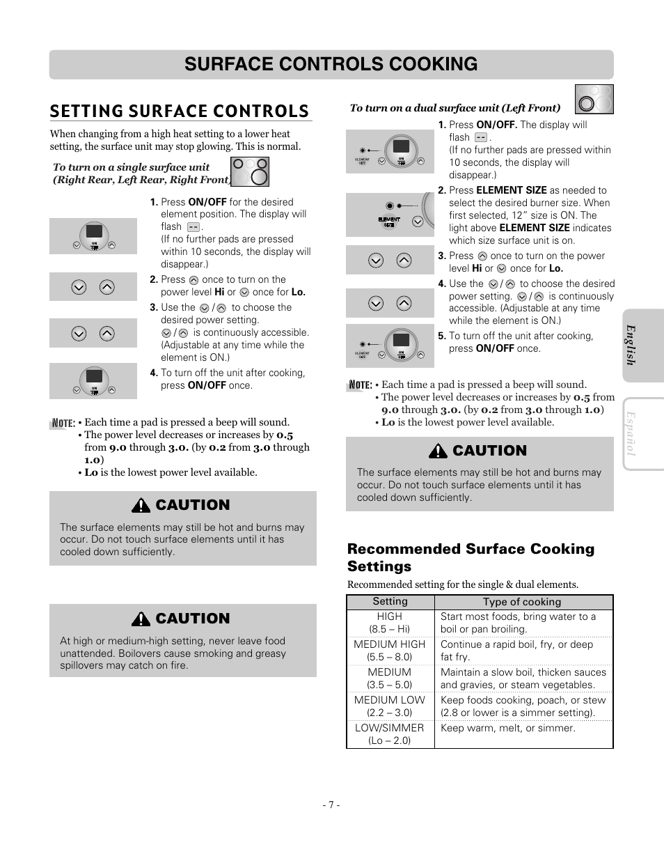 Surface controls cooking, Setting surface controls, Recommended surface cooking settings | Caution | LG LRE30451SW User Manual | Page 7 / 70
