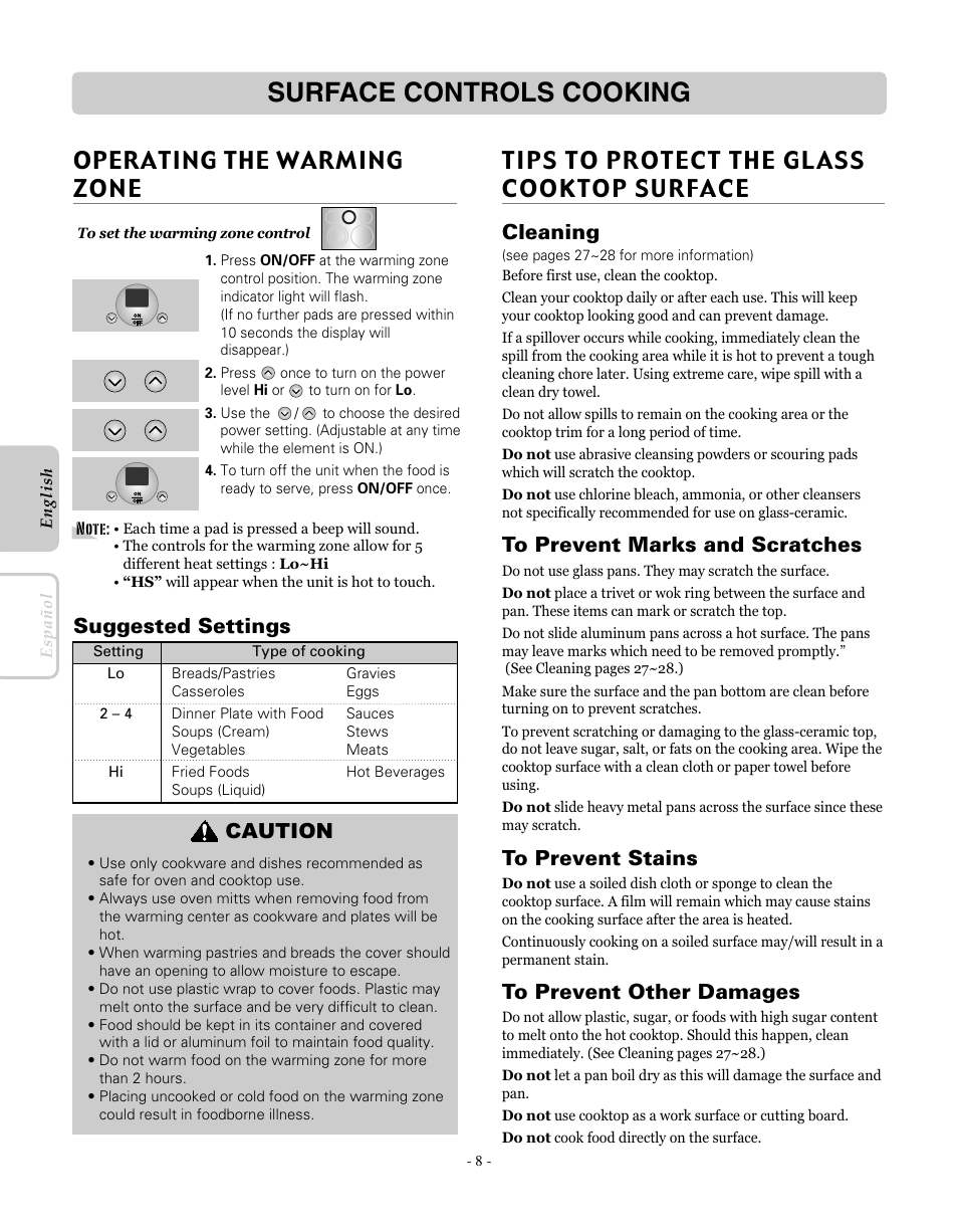 Surface controls cooking, Operating the warming zone, Tips to protect the glass cooktop surface | Suggested settings, Cleaning, Caution | LG LRE30451SW User Manual | Page 8 / 70