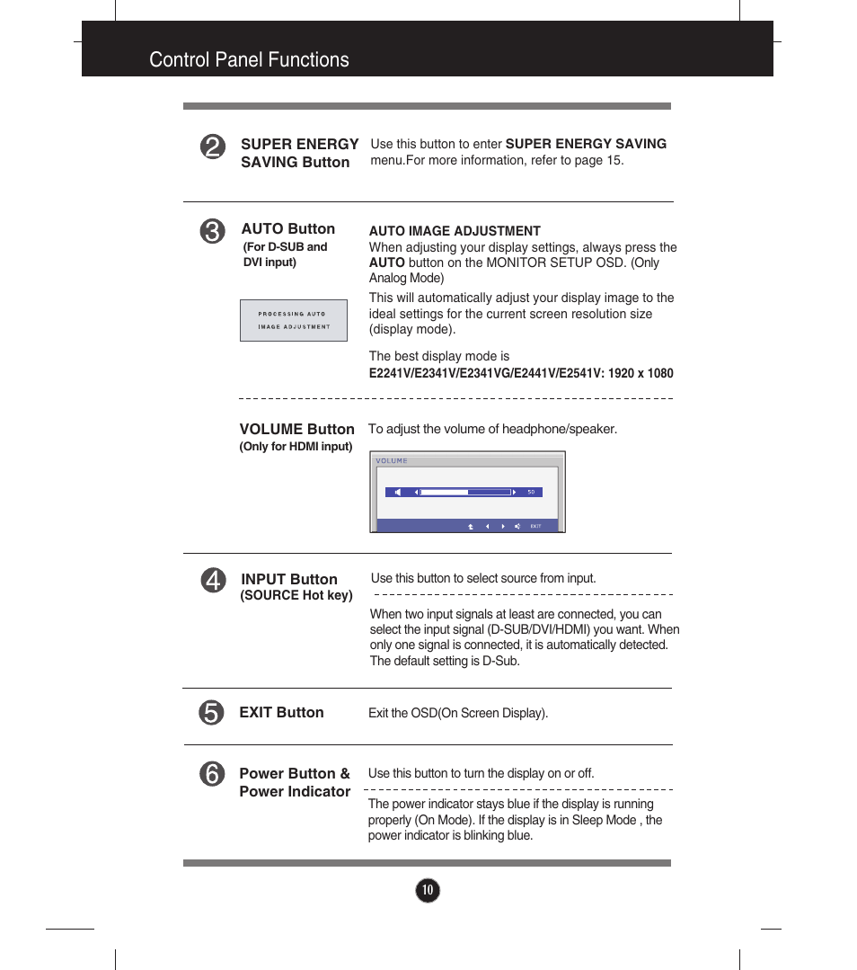 Control panel functions | LG LCD Monitor E2541V User Manual | Page 11 / 30