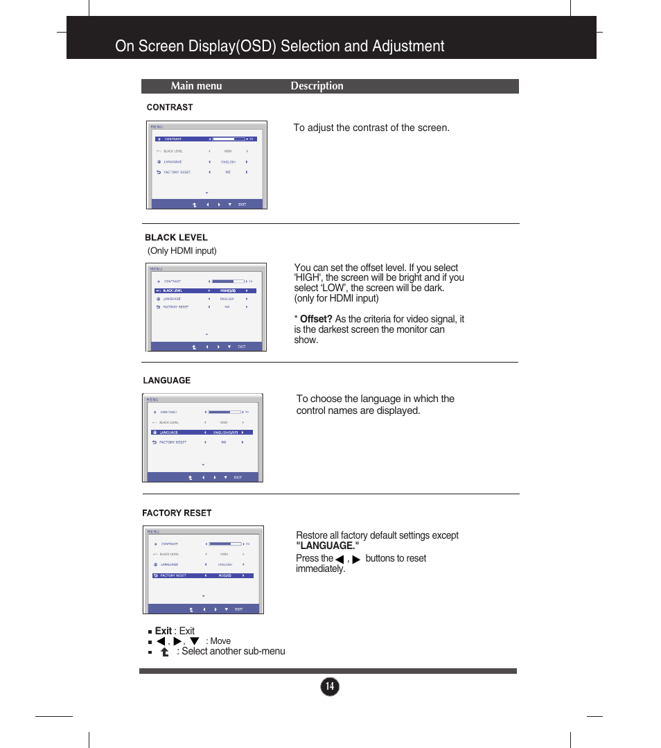 Contrast, Black level, Language | Factory reset, On screen display(osd) selection and adjustment | LG LCD Monitor E2541V User Manual | Page 15 / 30