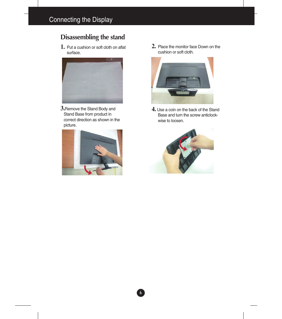 Disassembling the stand, Connecting the display disassembling the stand | LG LCD Monitor E2541V User Manual | Page 7 / 30