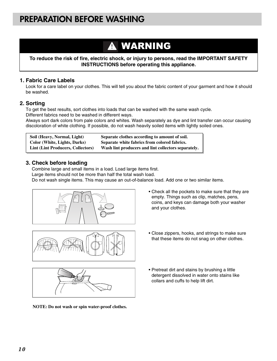 Warning, Preparation before washing | LG WM2016C User Manual | Page 10 / 48