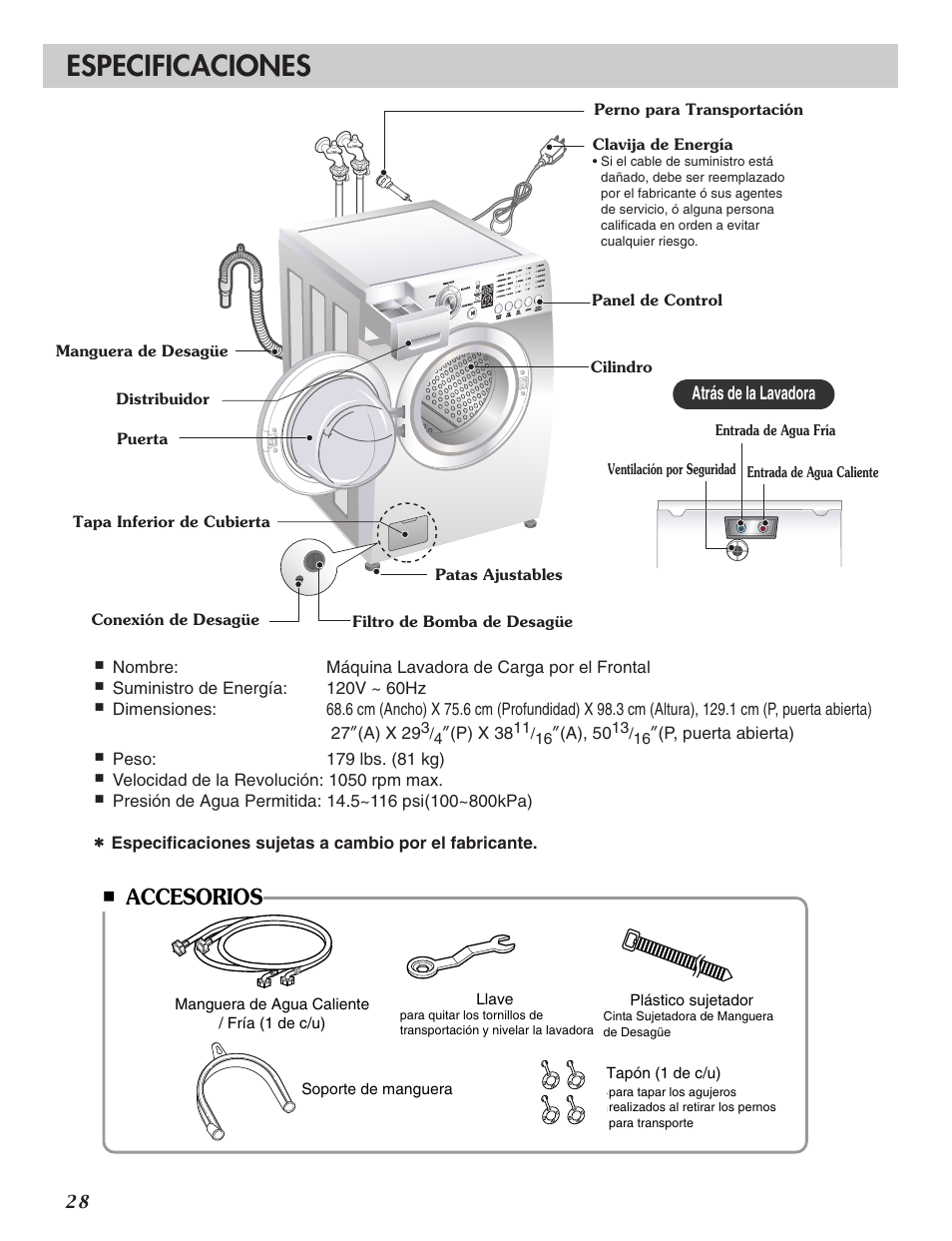 Tide, Especificaciones, Accesorios | LG WM2016C User Manual | Page 28 / 48