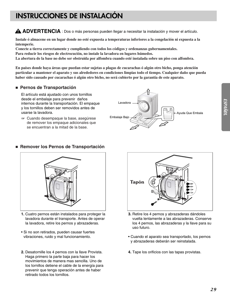 Instrucciones de instalación, Advertencia | LG WM2016C User Manual | Page 29 / 48