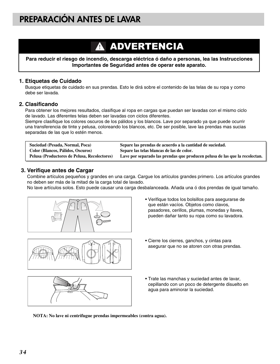 Advertencia, Preparación antes de lavar | LG WM2016C User Manual | Page 34 / 48