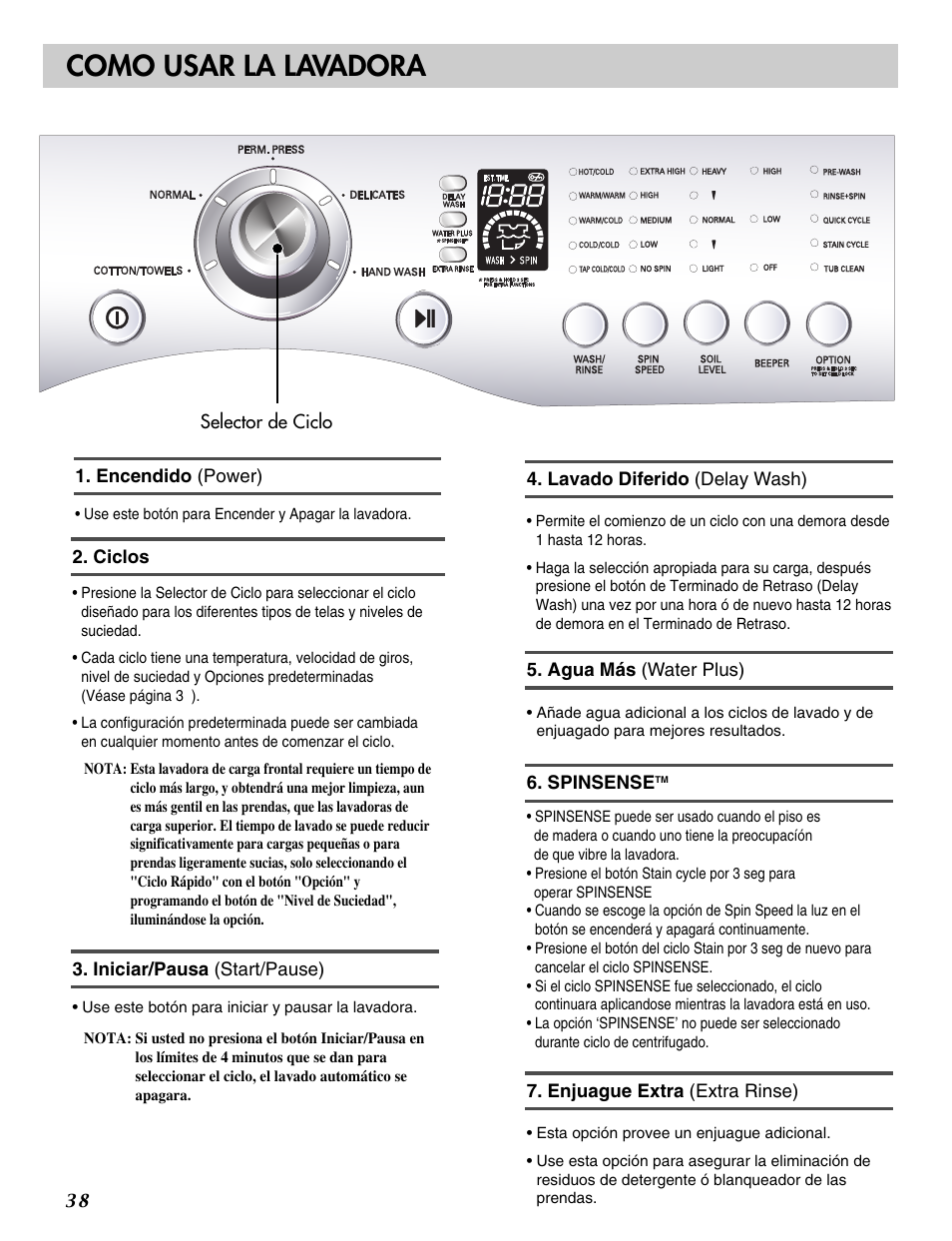 Como usar la lavadora | LG WM2016C User Manual | Page 38 / 48