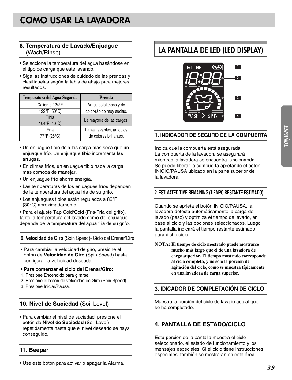 Como usar la lavadora, La pantalla de led (led display) | LG WM2016C User Manual | Page 39 / 48