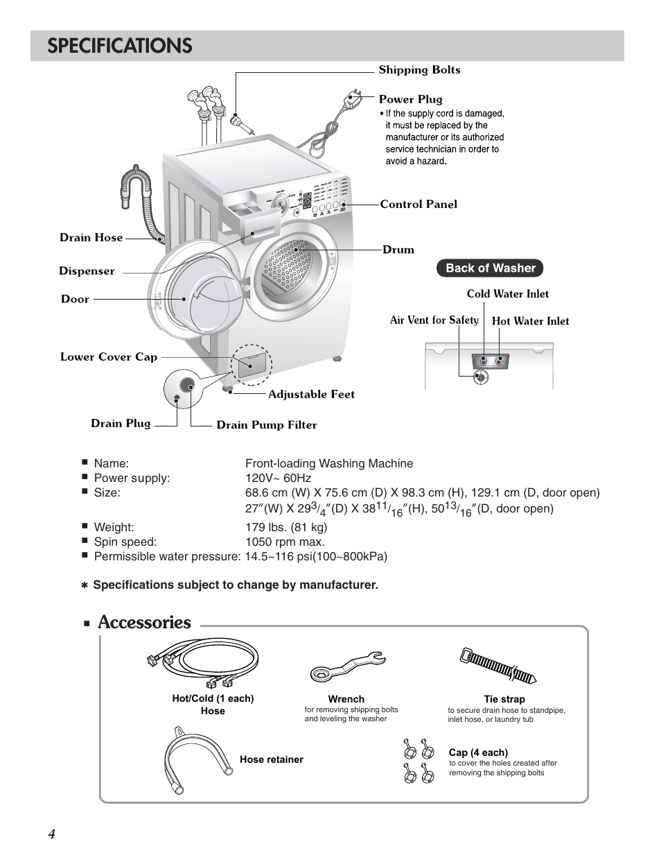 Tide, Specifications, Accessories | LG WM2016C User Manual | Page 4 / 48