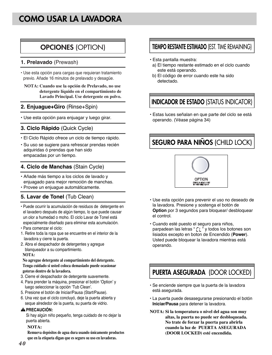 Como usar la lavadora, Tiempo restante estimado (est. time remaining), Indicador de estado (status indicator) | LG WM2016C User Manual | Page 40 / 48