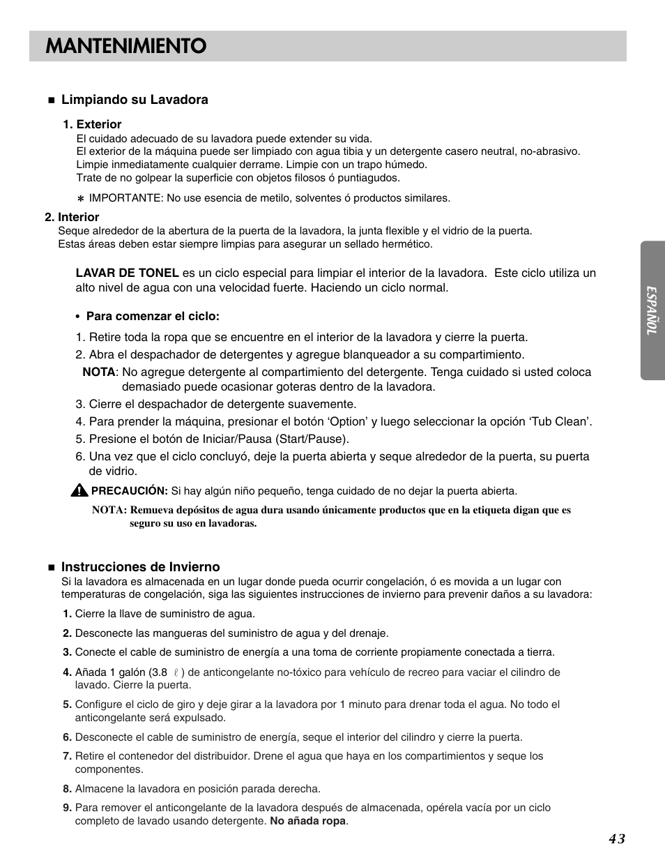 Mantenimiento | LG WM2016C User Manual | Page 43 / 48