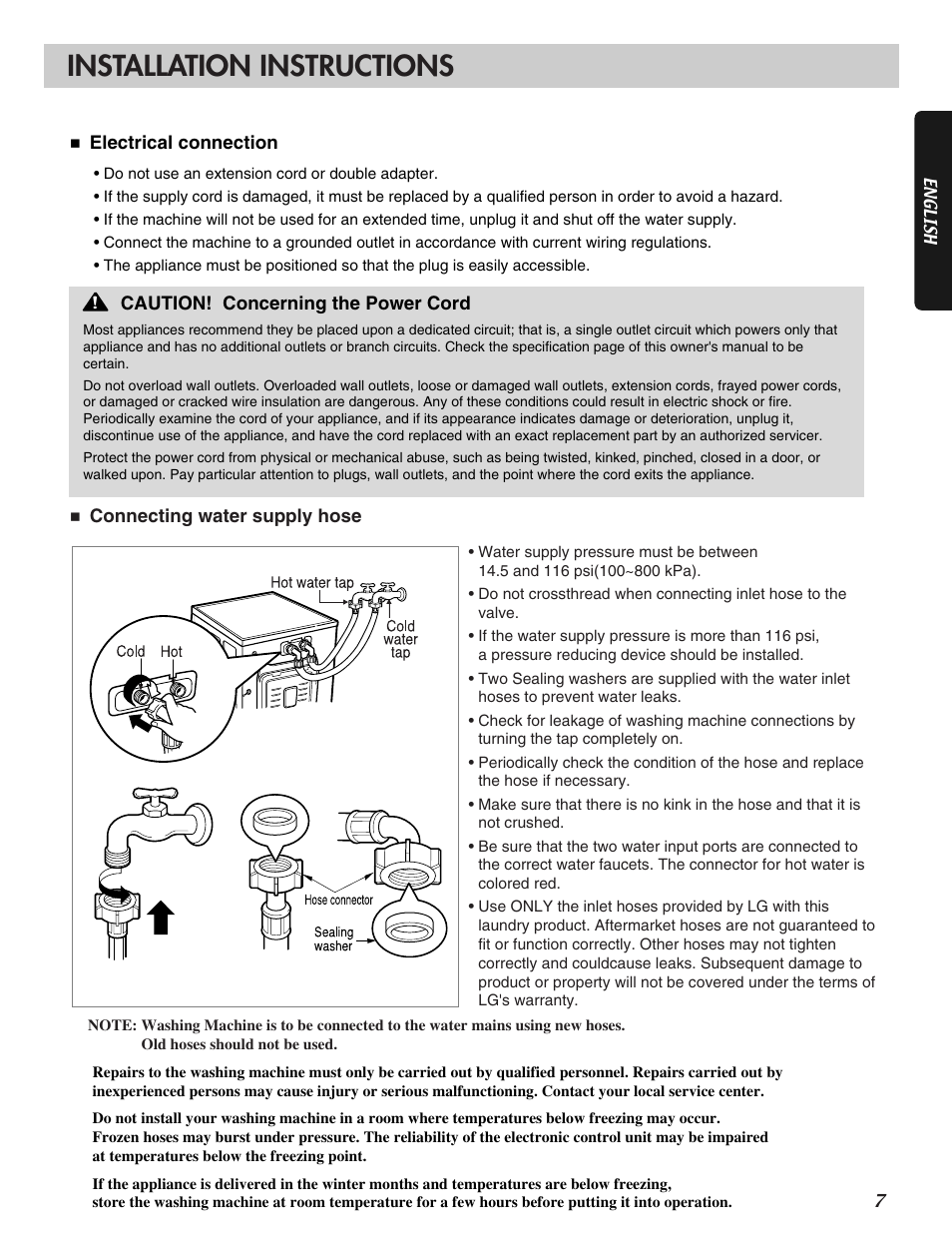 Installation instructions | LG WM2016C User Manual | Page 7 / 48