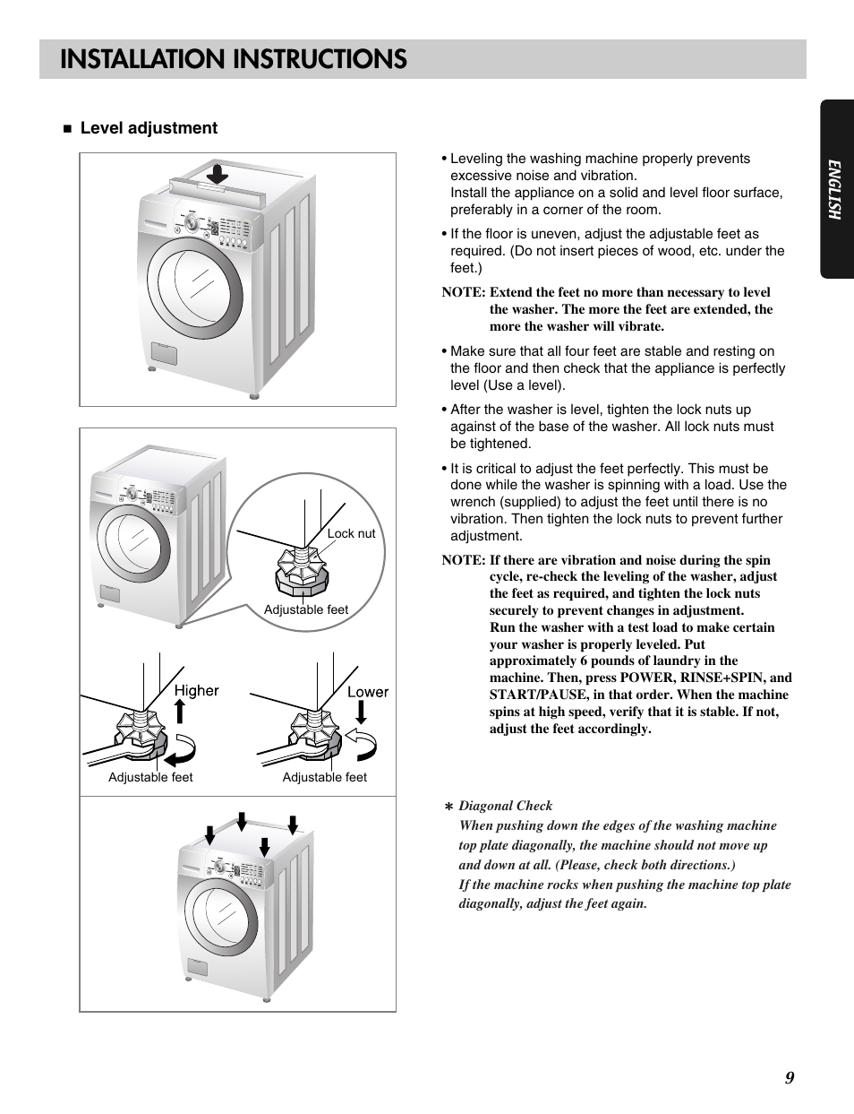 Installation instructions | LG WM2016C User Manual | Page 9 / 48