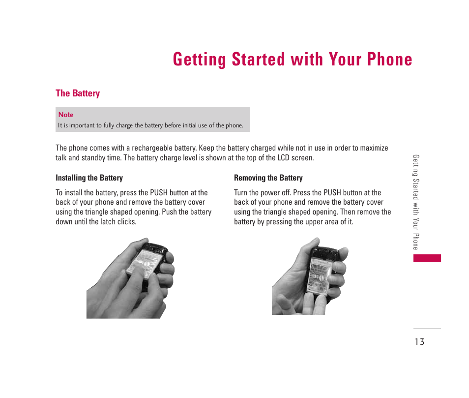 Getting started with your phone | LG 150 User Manual | Page 14 / 76