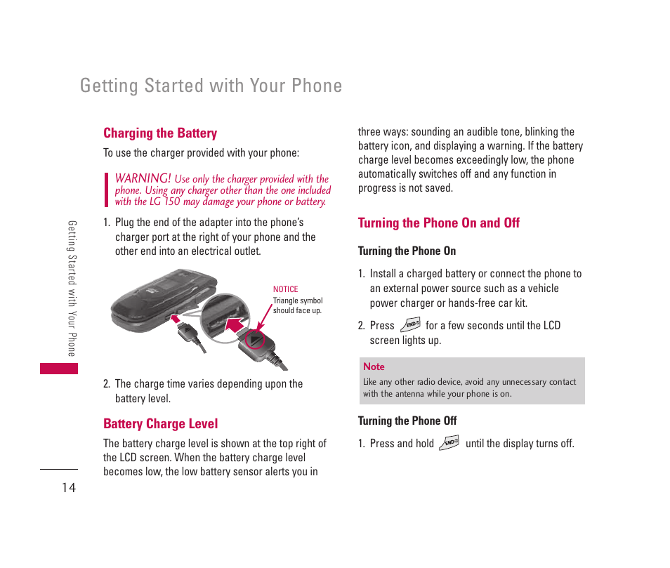 Getting started with your phone | LG 150 User Manual | Page 15 / 76