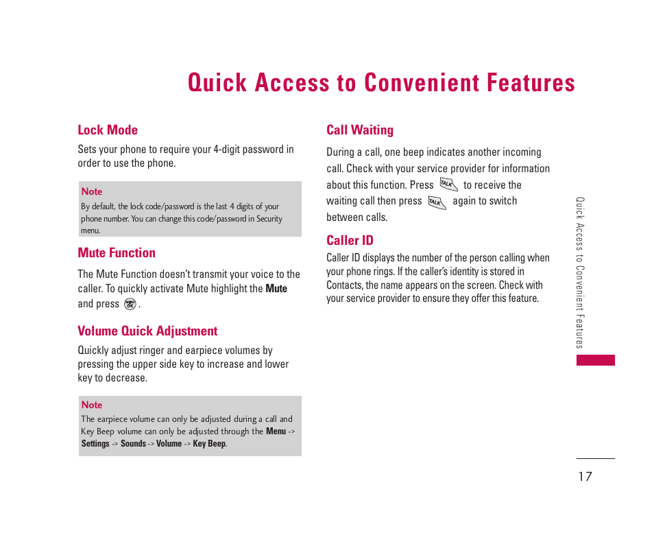Quick access to convenient features | LG 150 User Manual | Page 18 / 76