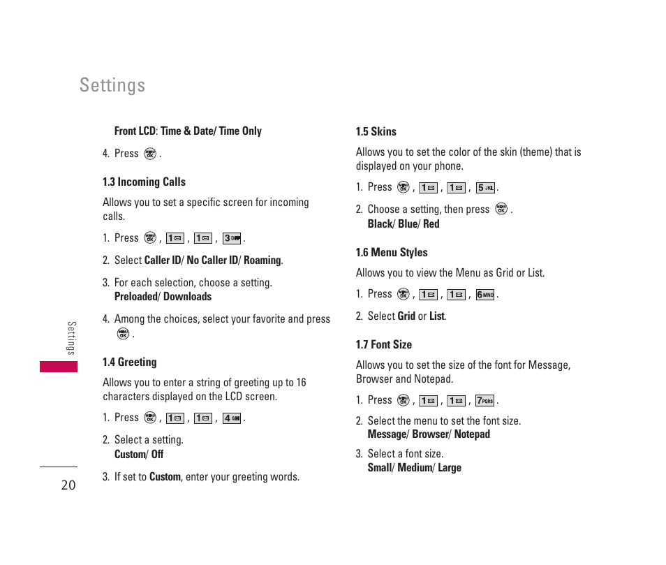 Settings | LG 150 User Manual | Page 21 / 76