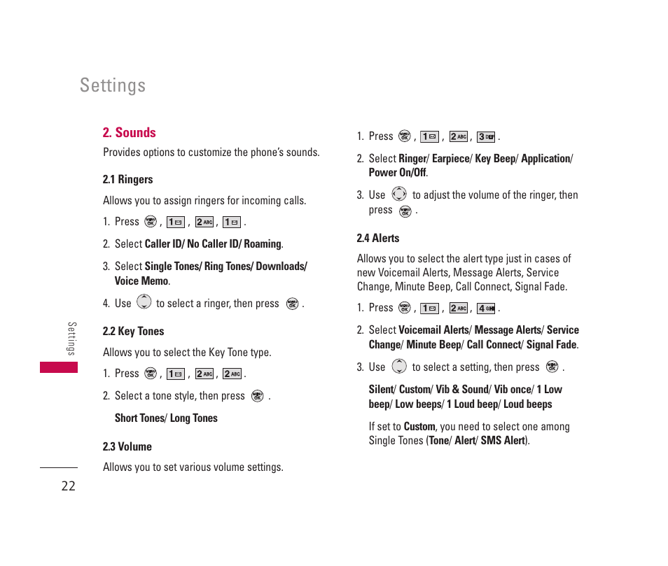 Settings | LG 150 User Manual | Page 23 / 76