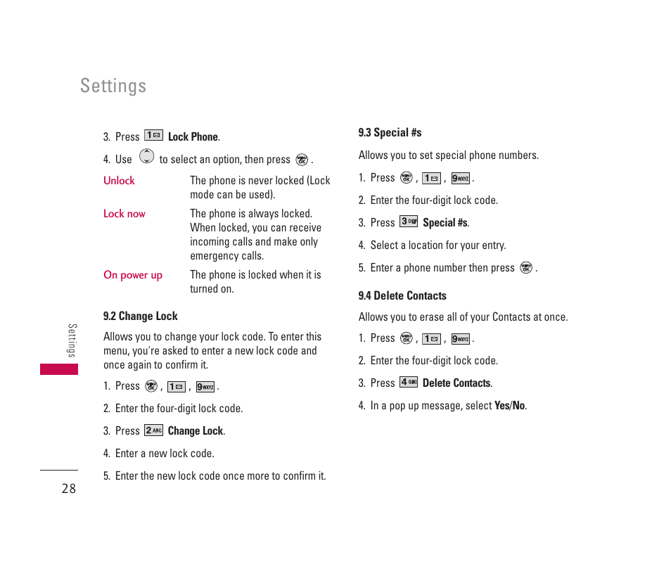 Settings | LG 150 User Manual | Page 29 / 76