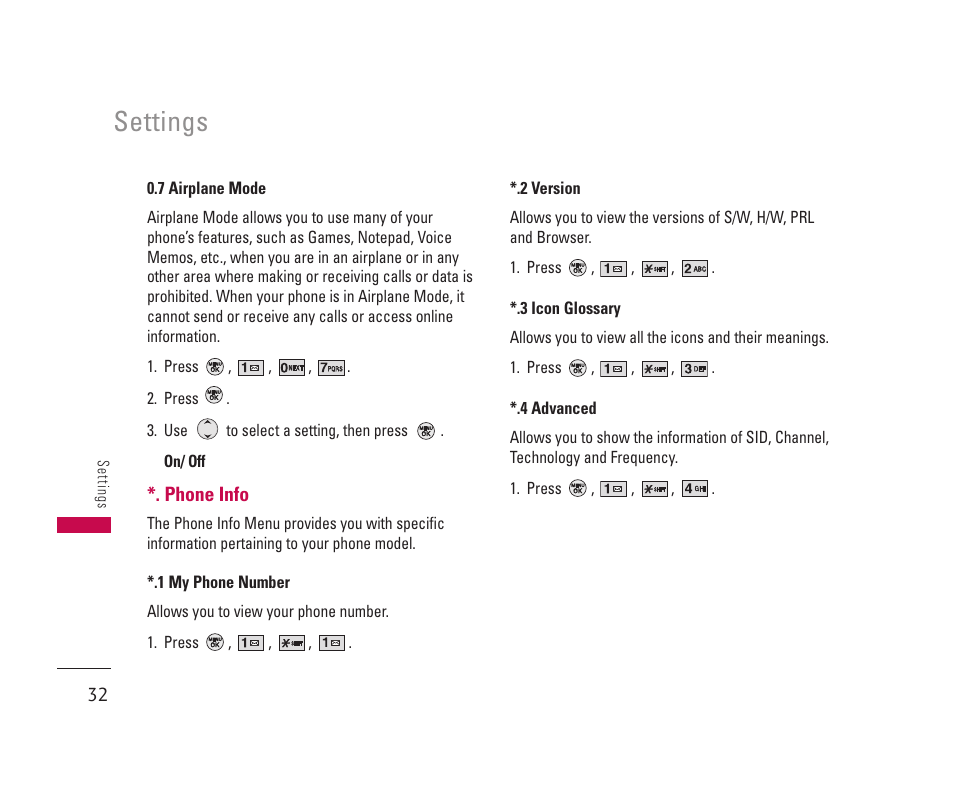 Settings | LG 150 User Manual | Page 33 / 76