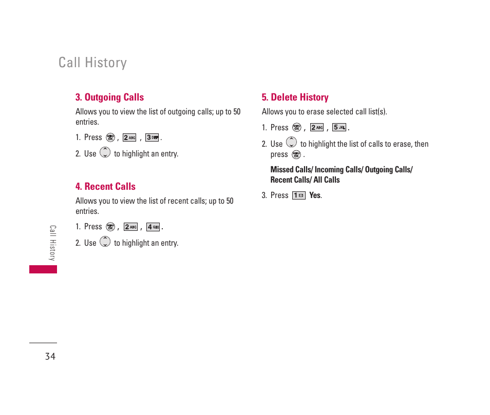 Call history | LG 150 User Manual | Page 35 / 76