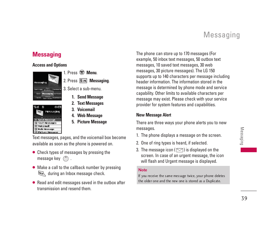 Messaging | LG 150 User Manual | Page 40 / 76