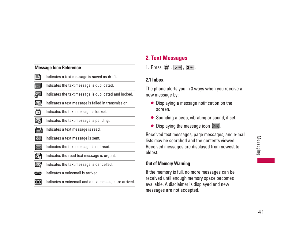 Text messages | LG 150 User Manual | Page 42 / 76