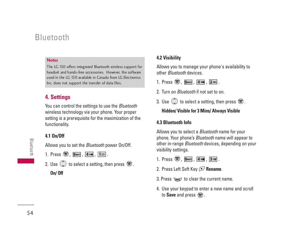 Bluetooth | LG 150 User Manual | Page 55 / 76
