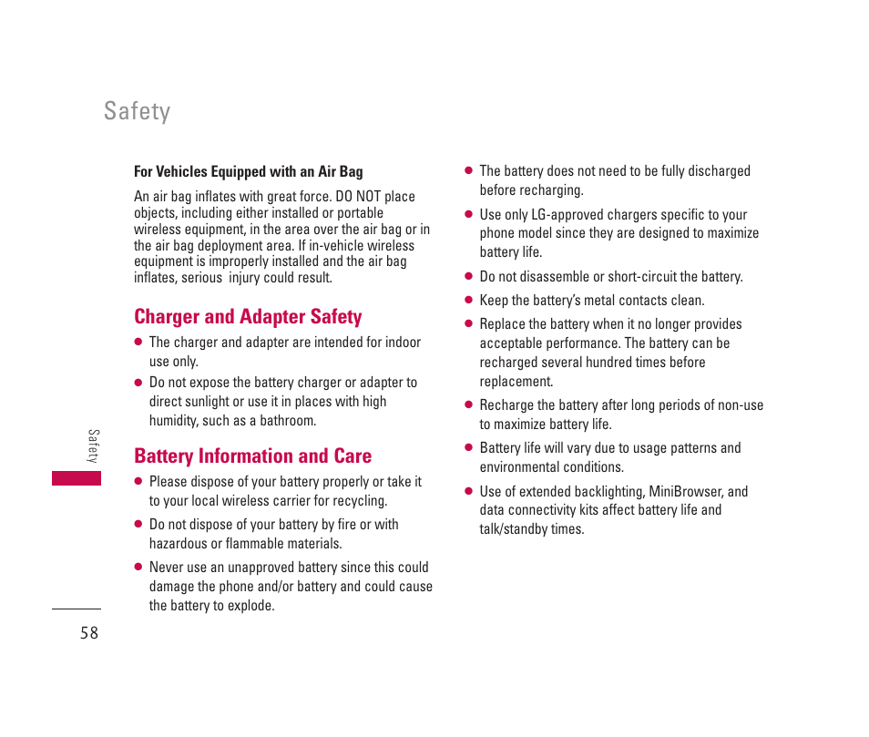 Safety, Charger and adapter safety, Battery information and care | LG 150 User Manual | Page 59 / 76