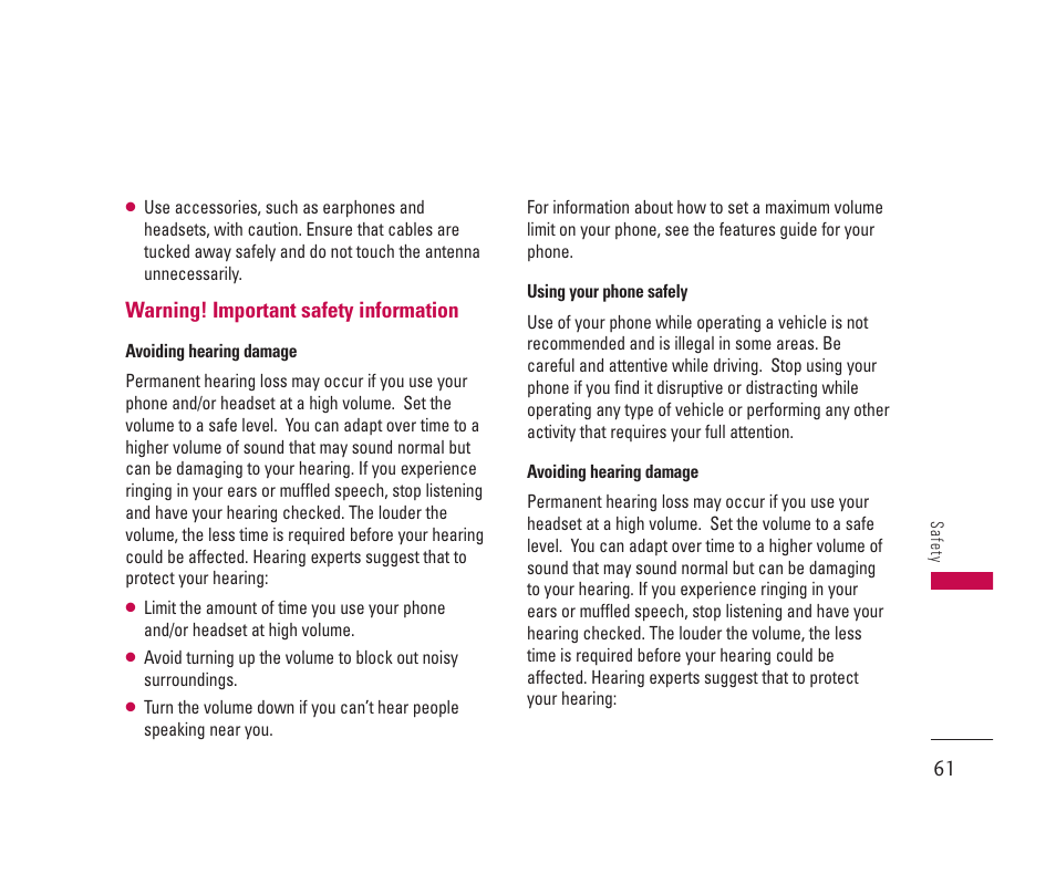 Warning! important safety information | LG 150 User Manual | Page 62 / 76