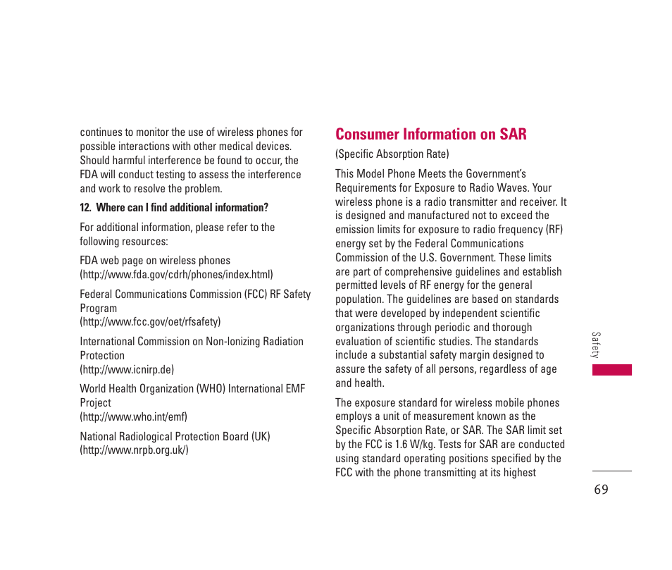 Consumer information on sar | LG 150 User Manual | Page 70 / 76