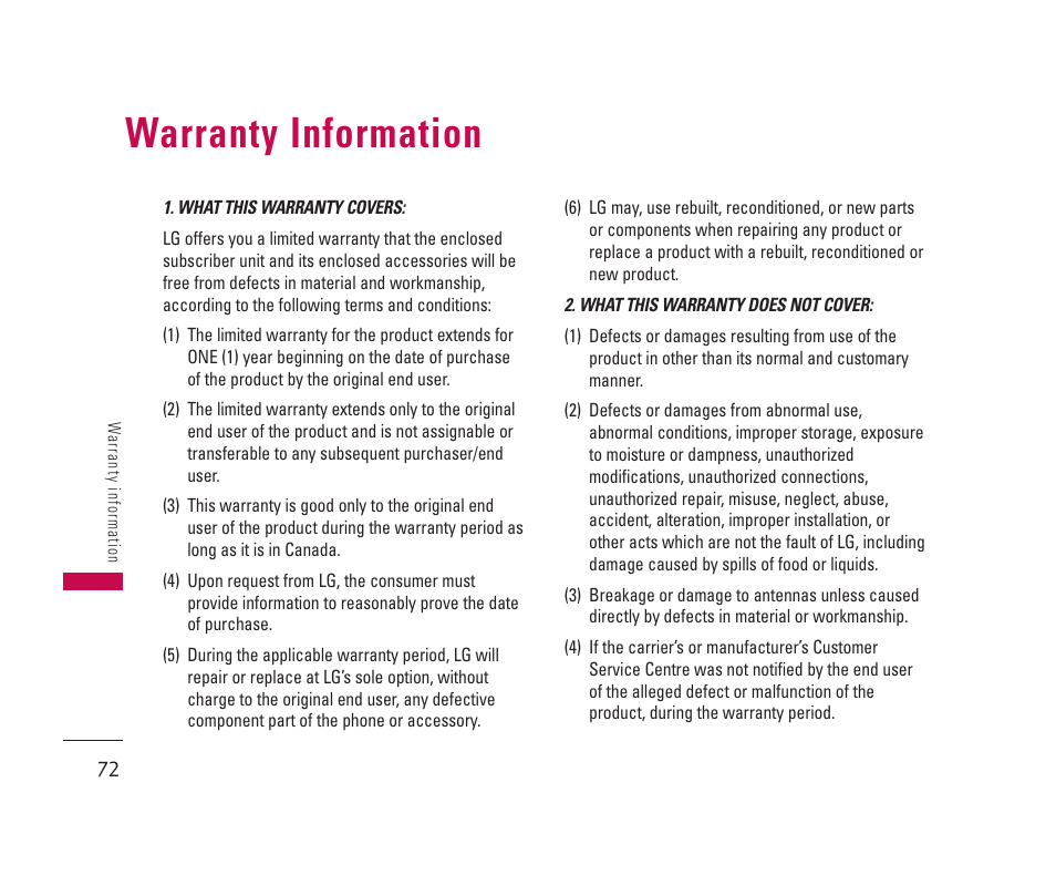 Warranty information | LG 150 User Manual | Page 73 / 76