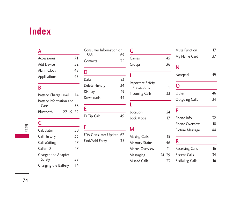 Index | LG 150 User Manual | Page 75 / 76