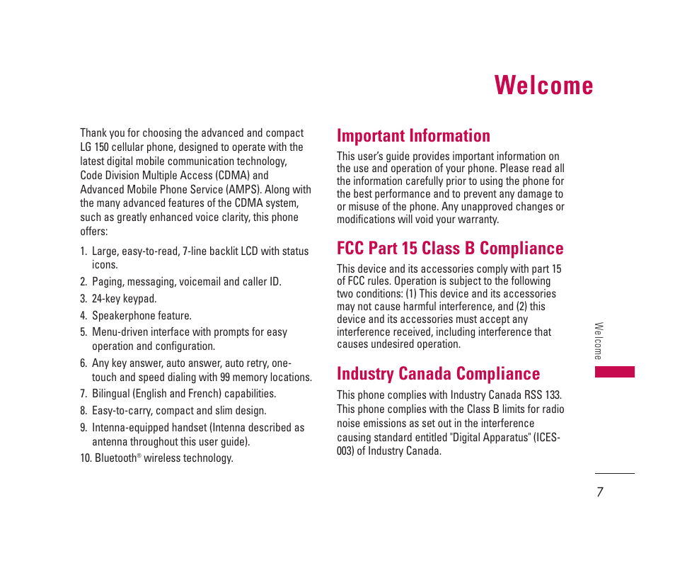 Welcome, Important information, Fcc part 15 class b compliance | Industry canada compliance | LG 150 User Manual | Page 8 / 76