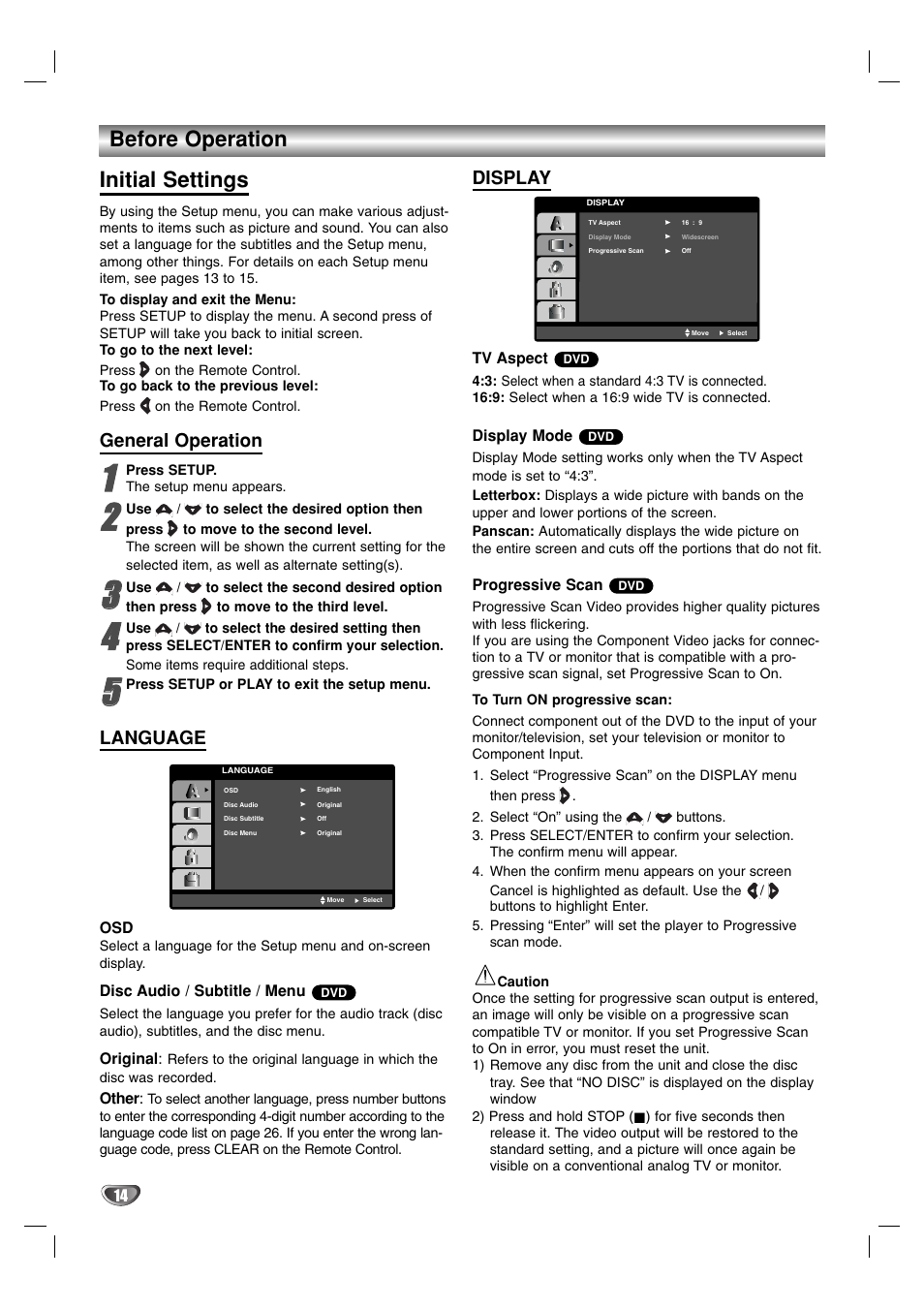 Before operation, Initial settings, General operation | Language, Display | LG LF-D7150 User Manual | Page 14 / 28