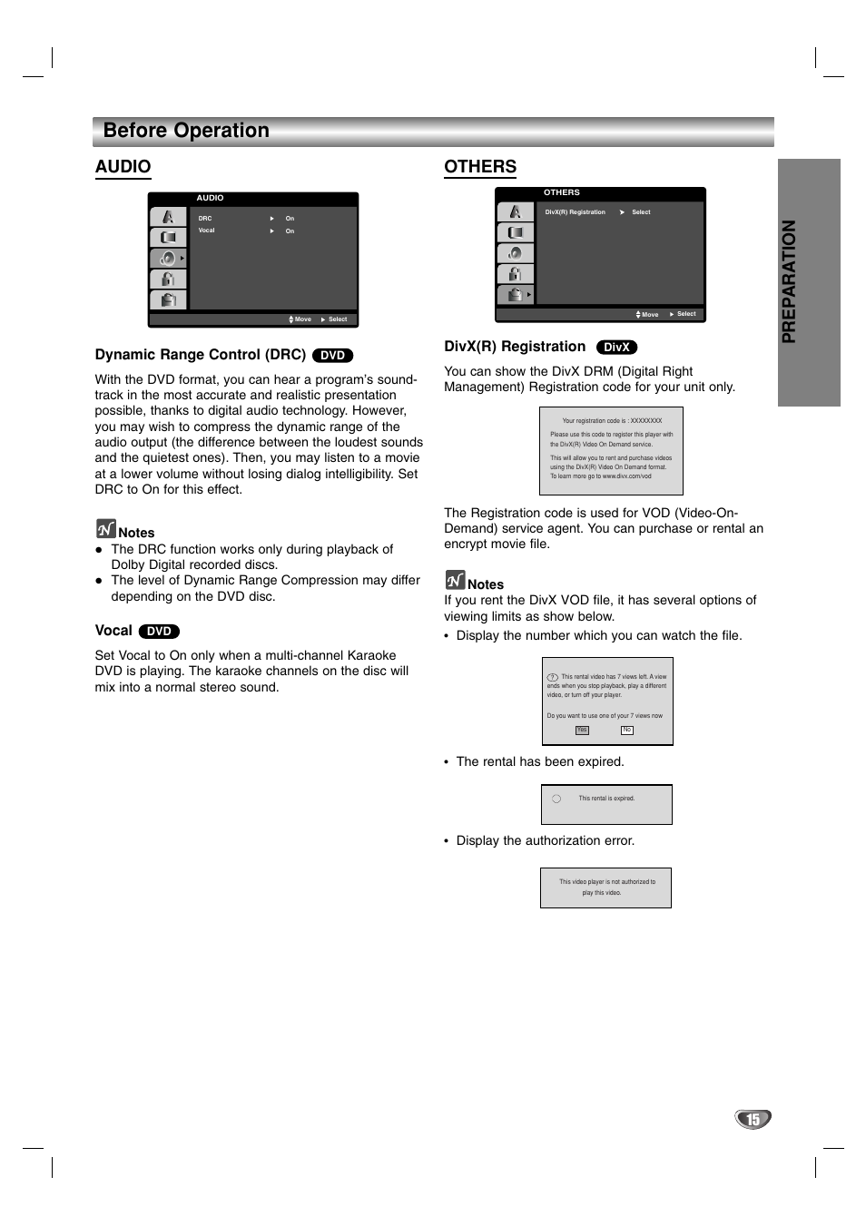 Before operation, Prep ara tion, Audio | Others, Dynamic range control (drc), Vocal, Divx(r) registration | LG LF-D7150 User Manual | Page 15 / 28