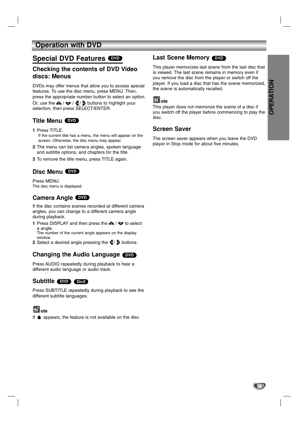 Operation with dvd, Special dvd features, Opera tion | Checking the contents of dvd video discs: menus, Title menu, Disc menu, Camera angle, Changing the audio language, Subtitle, Screen saver | LG LF-D7150 User Manual | Page 19 / 28