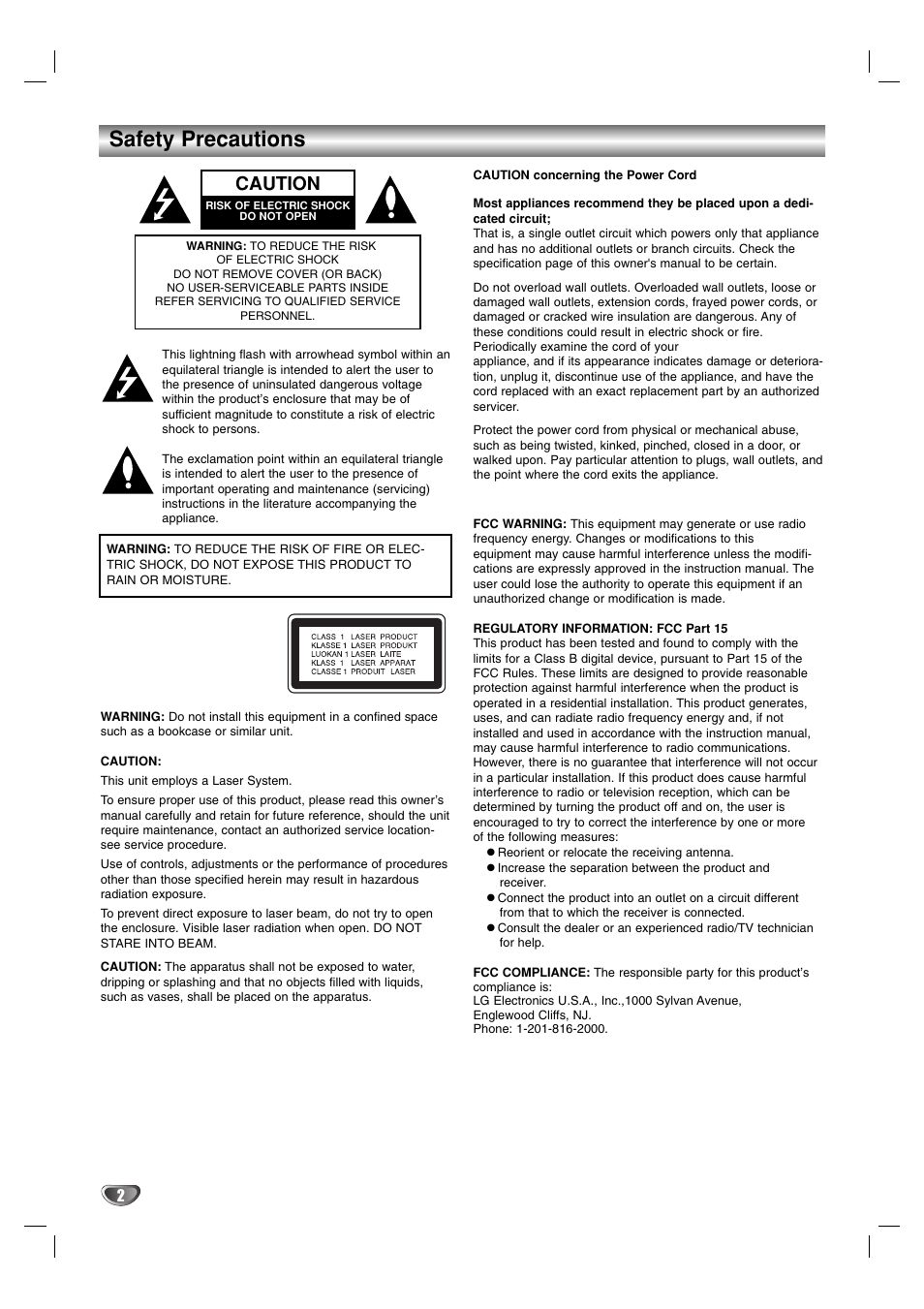 Safety precautions, Caution | LG LF-D7150 User Manual | Page 2 / 28