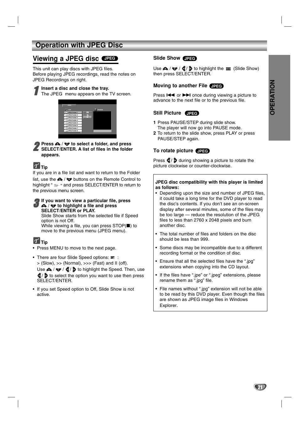 Operation with jpeg disc viewing a jpeg disc, Opera tion | LG LF-D7150 User Manual | Page 21 / 28