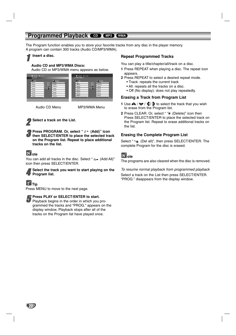 Programmed playback, Repeat programmed tracks, Erasing a track from program list | Erasing the complete program list | LG LF-D7150 User Manual | Page 22 / 28