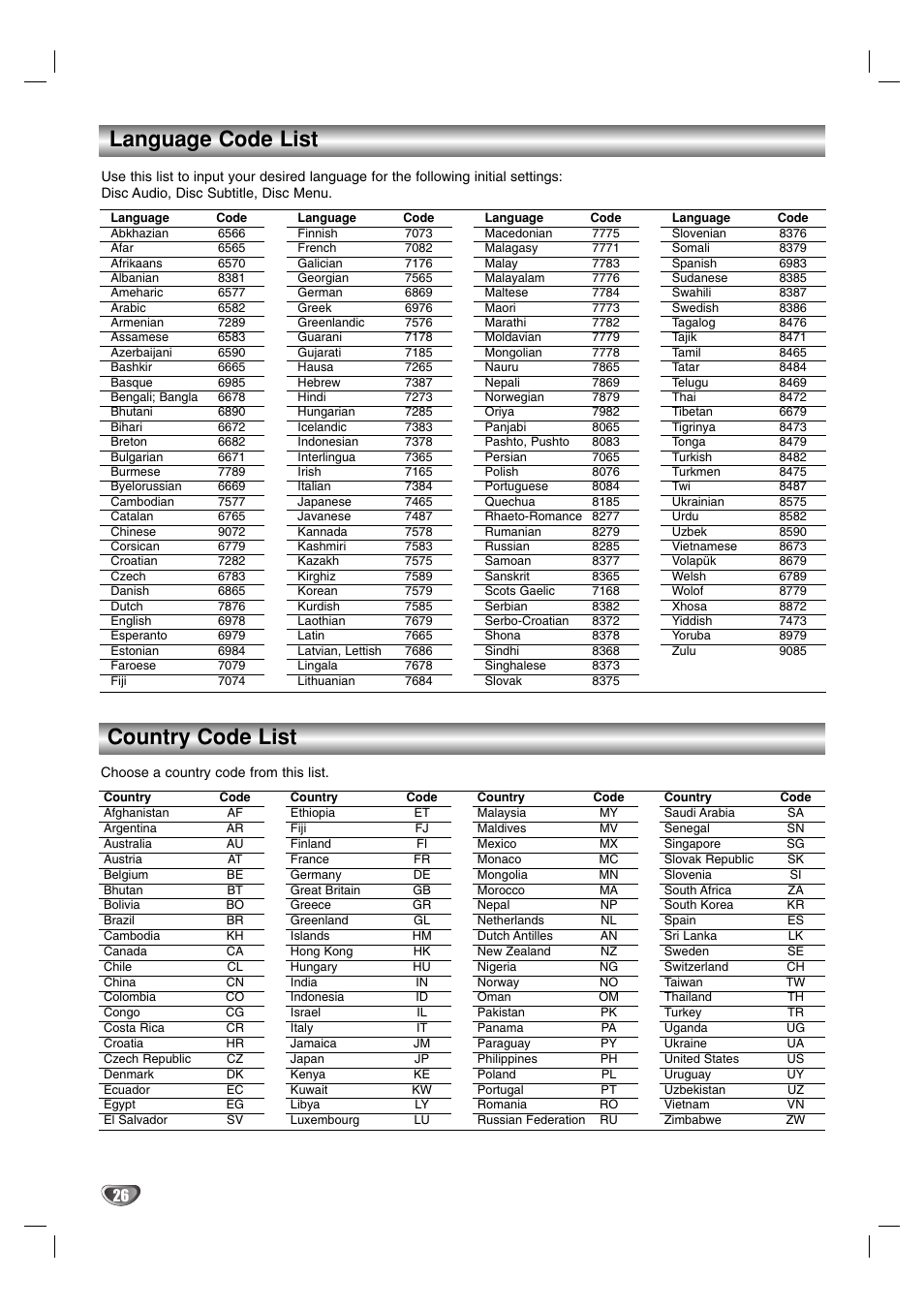 Language code list, Country code list | LG LF-D7150 User Manual | Page 26 / 28