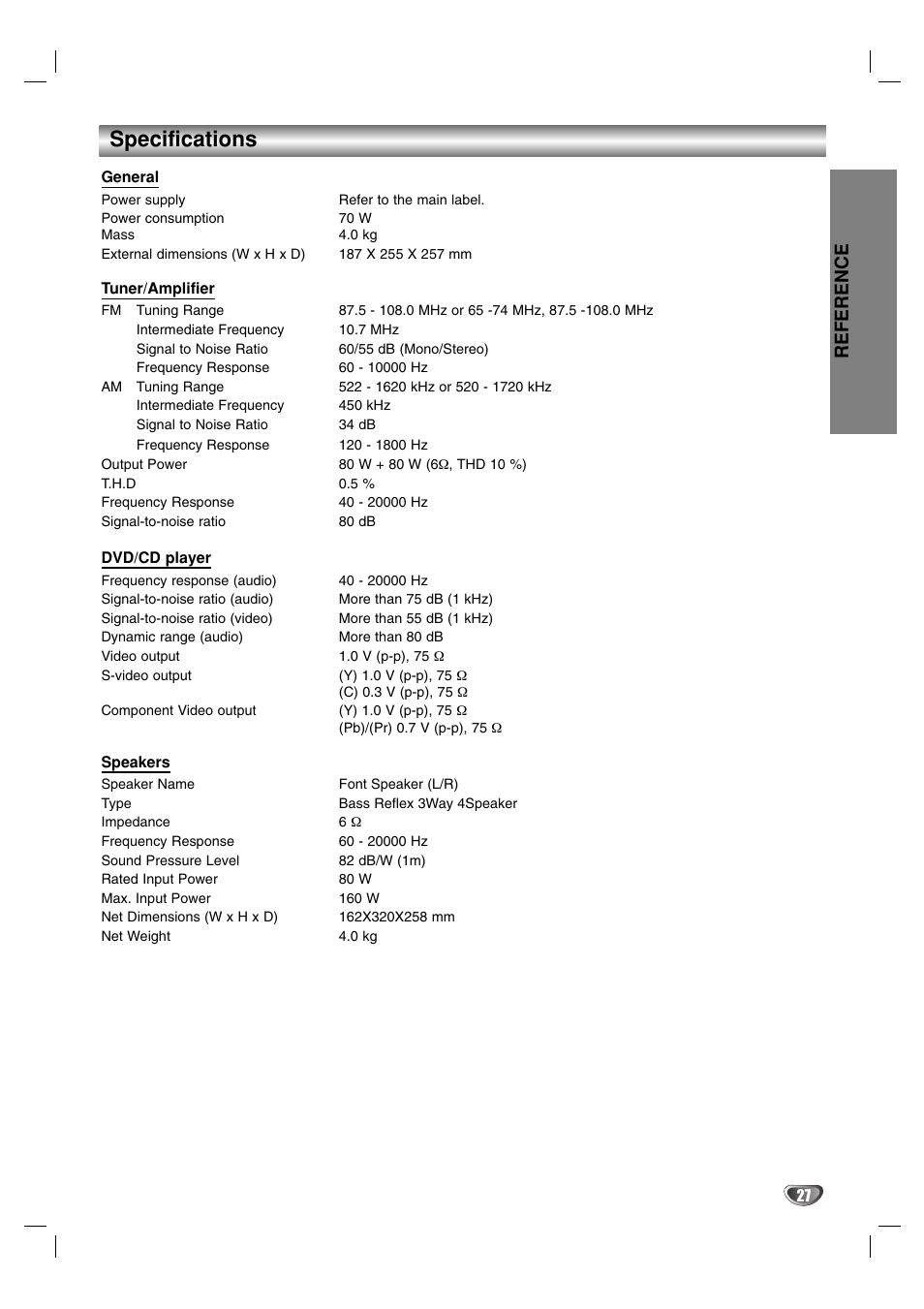 Specifications, Reference | LG LF-D7150 User Manual | Page 27 / 28