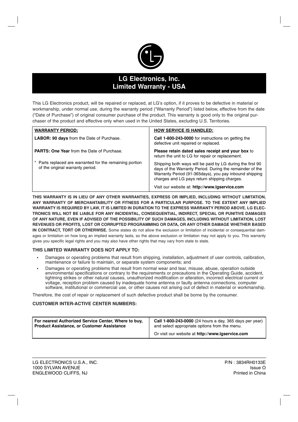 Lg electronics, inc. limited warranty - usa | LG LF-D7150 User Manual | Page 28 / 28