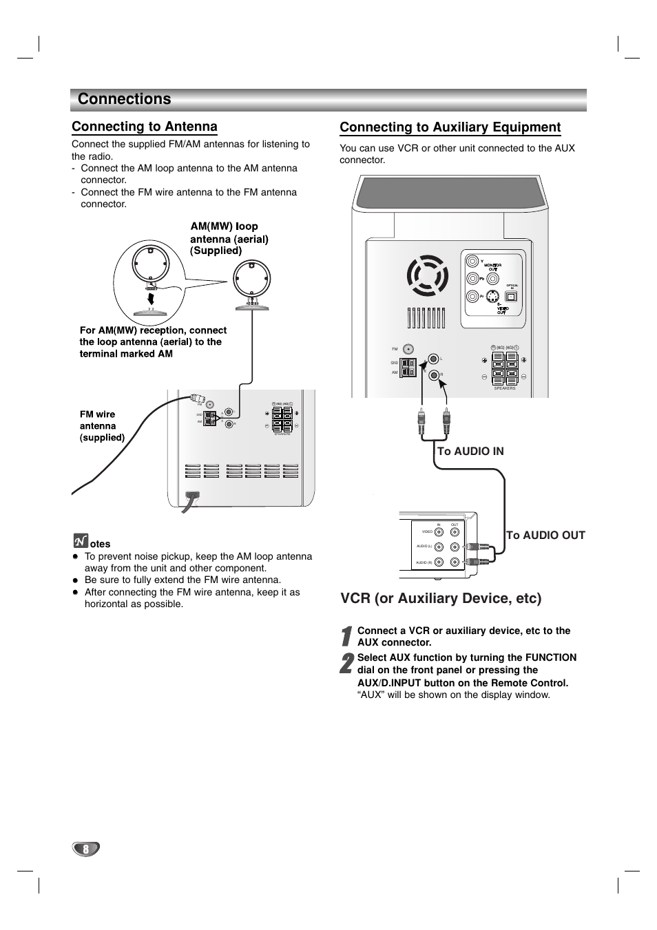 Connections, Vcr (or auxiliary device, etc), Connecting to antenna | Connecting to auxiliary equipment | LG LF-D7150 User Manual | Page 8 / 28