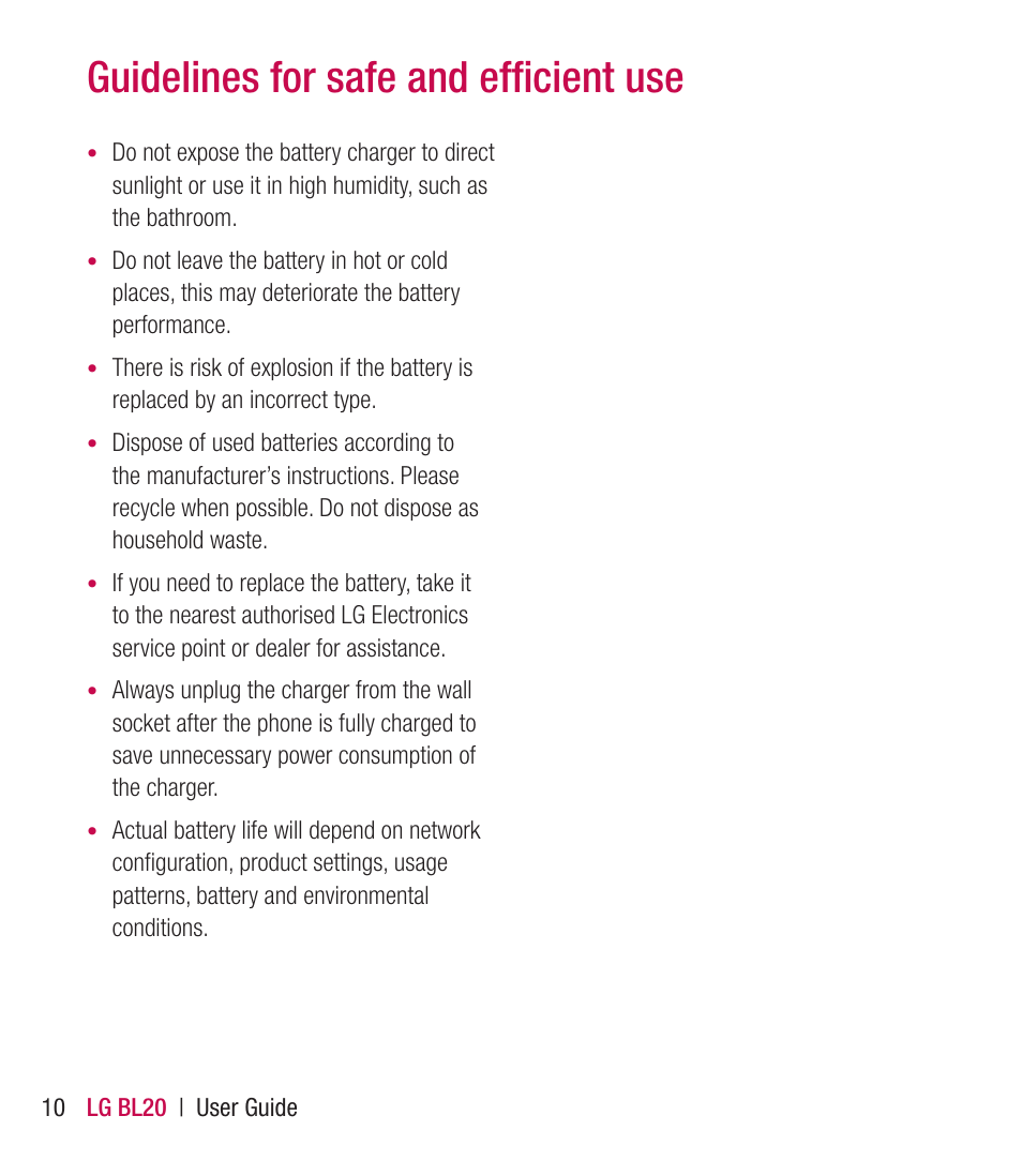 Guidelines for safe and efﬁ cient use | LG BL20 User Manual | Page 10 / 48